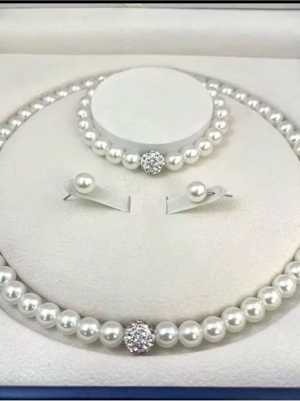 Classic Pearl Necklace and Stud Earrings Set - White Pearls with Crystal Accents